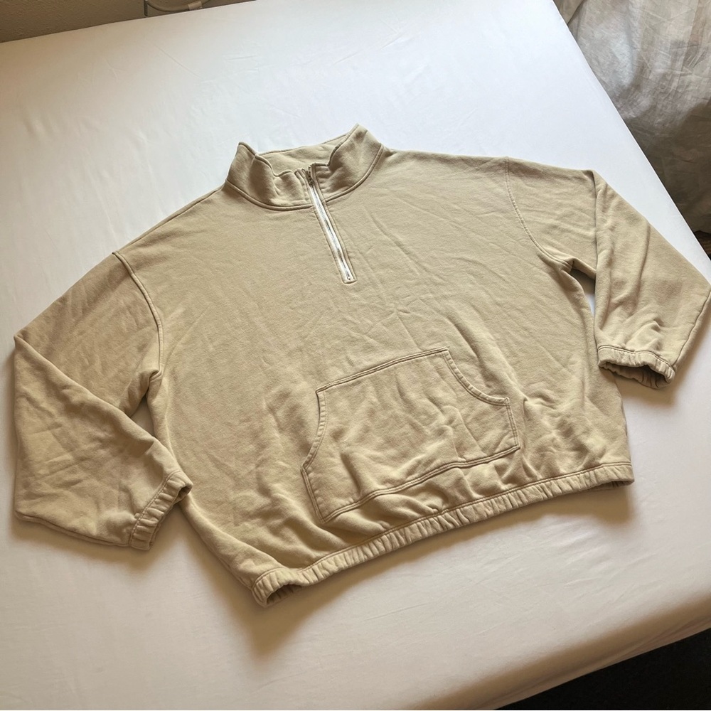 WOMN. tan terry knit boxy oversized 1/4 zip long sleeve pullover sweater